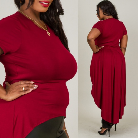 burgundy ROUND NECK SHORT SLEVE HIGH LOW SOLID TOP - Picture 7 of 7